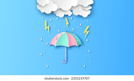 Paper art of a umbrella  rain protection with rain drop and thunderbolt. Umbrella with rain. Rainy season. paper cut and craft style. vector, illustration.
