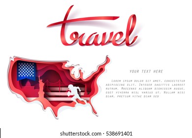 Paper art of  USA with red Travel ribbon and space for text, American culture concept and tourism idea, vector art and illustration.