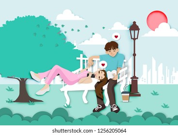 Paper Art of Valentine Day Concept with Girl and Boy siting in graden wood chair ,Relax time background vector and illustration