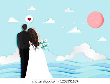 Paper art of valentine day festival with married couple  and the blue ocean background vector 