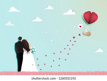 Paper art of valentine day festival with married couple  and white cat in paper balloon heart shape basket on the blue sky  vector