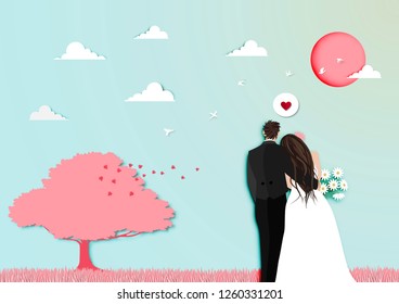 Paper art of valentine day festival with married couple  and sunset view background 
