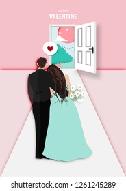 Paper art of valentine day festival with married couple looking to sunset outside view from sweet home background vector