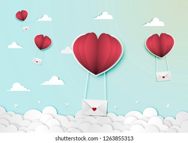 Paper art of valentine day festival with love letter and red paper balloon heart shape on blue sky background vector