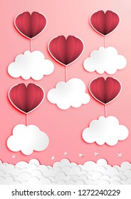 Paper art of Valentine Day Festival with Paper Balloon Heart Shape and Blank Paper Cloud Shape on The Sky Background vector