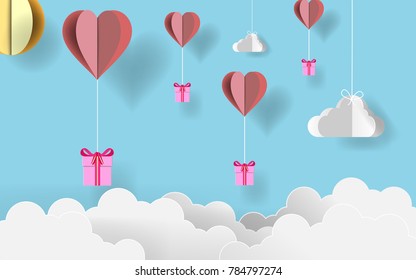 Paper Art Valentine's Day. Paper Origami Gifts Flying With Origami Paper Heart Balloons In Candy Blue Sky. Vector Illustration. EPS 10