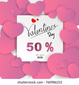 paper art valentines day sale on white background with have pink heart decoration.