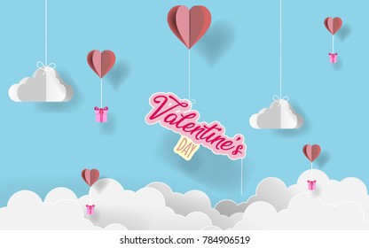 Paper art Valentine's day. paper art texture flying with origami paper heart and flying other gifts with paper origami hearts in candy blue sky.vector illustration.