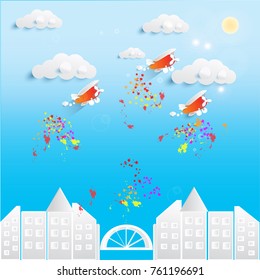 paper art vector of city and cute old airplane with cloudscape in blue sky under sun light. dripping paint like light of bomb in the war or blots color of firework illustration concept.