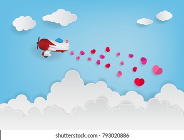 Paper art vector illustration of cute airplane emits hearts while flying in the sky with white clouds background for valentine festival decoration.