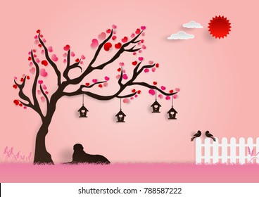 Paper art vector illustration of a dog  happily resting under tree of love in autumn season with white fence, bird houses, red sun and white clouds on pink grass and background for Valentine festival.