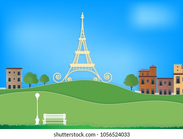 Paper art vector illustration of Eiffel tower, vintage buildings, white chair, white lantern, green trees and green grass on blue sky background.