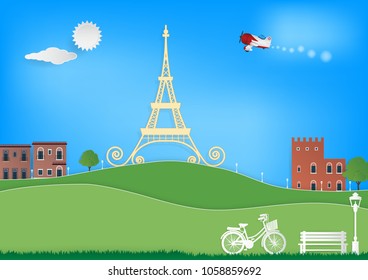 Paper art vector illustration of Eiffel tower, vintage buildings, white chair, colorful airplane, white lantern, green mountains, green trees, green grass on blue sky background.