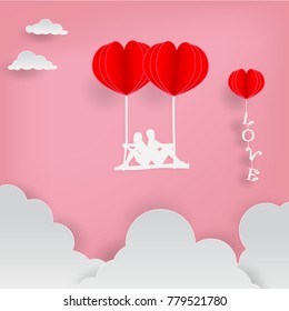 paper art vector illustration of lovers sit on swings with red heart balloons and love text floating to the sky with clouds on pink background for valentine festival.