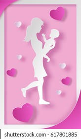 Paper art vector illustration with mother holding child. Mom's d