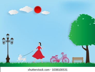 Paper art vector illustration of red dress woman and her Poodle dog happiness relax walking in park with green tree, brown lantern, pink bicycle, chair, white cloud and red sun.