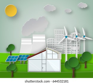 Paper art vector illustration of a renewable green energy sources concept on a dirty city background. Environmental issues.