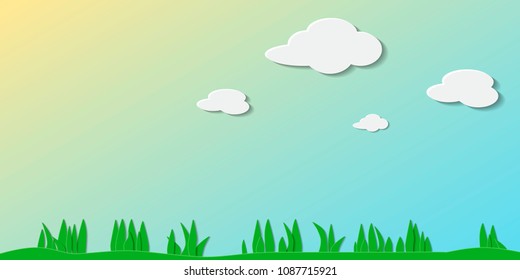 Paper art. Vector illustration of summer day with air clouds, green grass and yellow flowers. Can be used for wallpaper, pattern fills, web page background and design of packing. Eps 10.