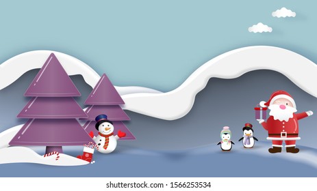 Paper art vector with Merry Christmas concept. Christmas tree, Santa Claus, Gift box and snow man. Vector and illustration