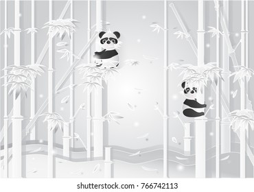 paper art vector of two panda bears climb on bamboo tree in bamboo forest with snowy and leaves were falling to the white ground. 