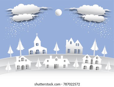The paper art the village in the middle of a cold winter night.