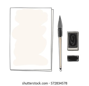 Paper Art And Vintage Chinese Brush Pen With Black Ink Vector Hand Drawn  Art Illustration