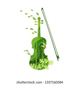 paper art with violin instrument design in spring. vector illustration.