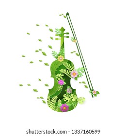 paper art with violin instrument design in spring. vector illustration.