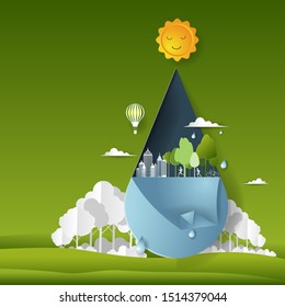 Paper art of water drop, ECO friendly and environment conservation concept, Flat and digital craft style vector illustration.