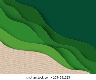 Paper art waves abstract background. Green and cardboard waves. Ecology concept