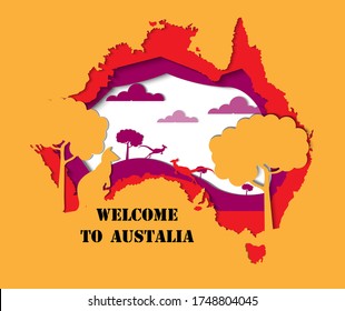 Paper art of Welcome to Australia. Australia is the habitat of kangaroos. Red kangaroos are the largest marsupial animals in the world today. 