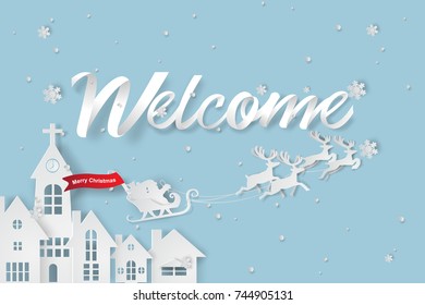 Paper art of welcome to  Merry Christmas day background,vector,illustration