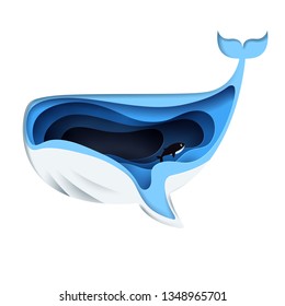 Paper art of whale and sea, world sustainable environment concept and ecology idea, vector art and illustration.