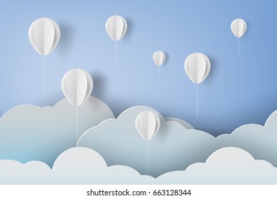 paper art of white ballons on blue sky background,vector