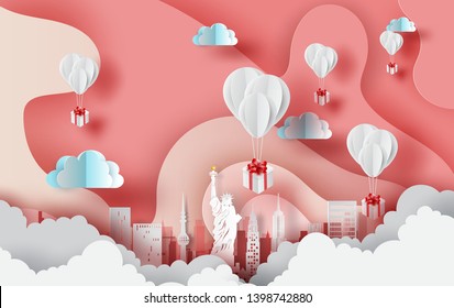 Paper art of white balloons gift floating on Abstract Curve shape pink sky background,valentine season concept. City landscape for card and poster. New York city. USA. vector. illustration. EPS10