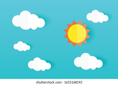 Paper art in white cloud and sun shape on blue sky background
