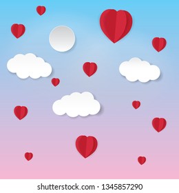 Paper art and white clouds and a small red heart in the pastel sky, paper folding concepts and Valentine's Day, vector art and illustrations