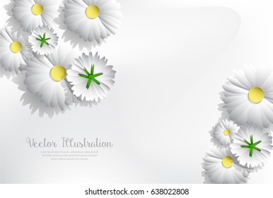 Paper art white flowers background banner template with yellow stamen & green petals - vector illustration

