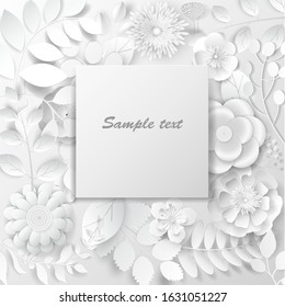 Paper art white flowers. Paper cut out effect.