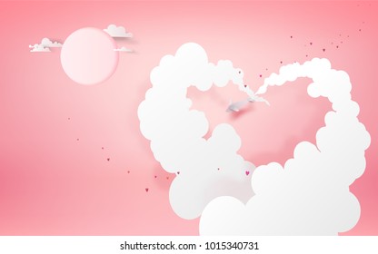 Paper art of white plane with cloud make a heart shape with space, origami and valentine's day concept, vector art and illustration.