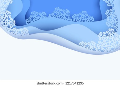 Paper art winter background with blue paper snowflakes. Merry Christmas and new year greeting card. Modern wavy 3d deep paper art style