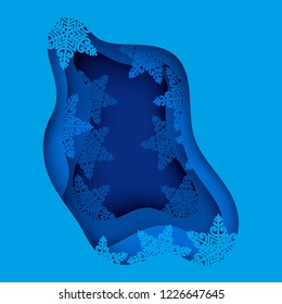 Paper art winter background with blue paper snowflakes. Merry Christmas and new year greeting card. Modern wavy 3d deep paper art style