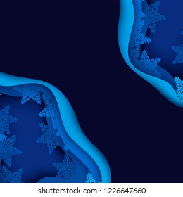 Paper art winter background with blue paper snowflakes. Merry Christmas and new year greeting card. Modern wavy 3d deep paper art style