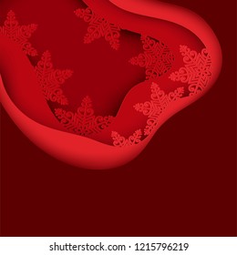 Paper art winter background with red paper snowflakes. Merry Christmas and new year greeting card. Modern wavy 3d deep paper art style