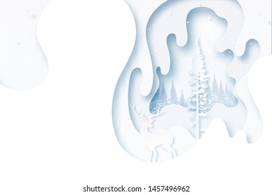 Paper art of winter season landscape and christmas concept with deer in the wild on white paper layers background template vector illustration.