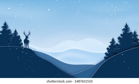 Paper art of winter season landscape and christmas concept background with deer,pine forest and mountains.Vector illustration.