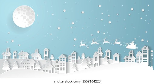 paper art Winter Snow Urban Countryside Landscape City Village with full moon,Happy new year and Merry christmas