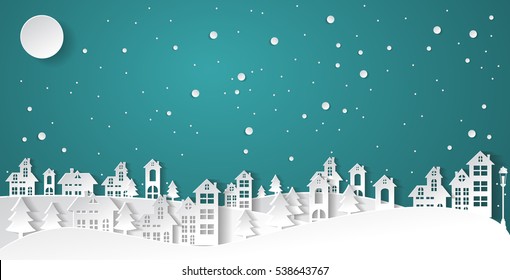 arte de papel Inverno Neve Urbano Campo Paisagem Cidade Aldeia com lua cheia, Feliz Ano Novo e Feliz Natal