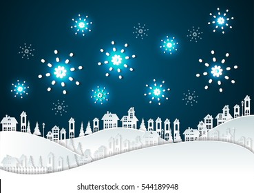 paper art Winter Snow Urban Countryside Landscape with fireworks