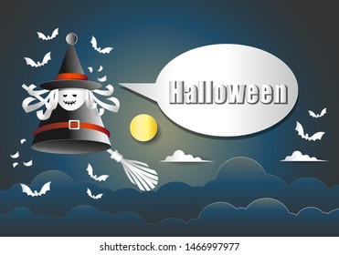 Paper art of witch, bats in night time and text frame. Happy Halloween celebration concept, Flat and digital craft style vector illustration.
